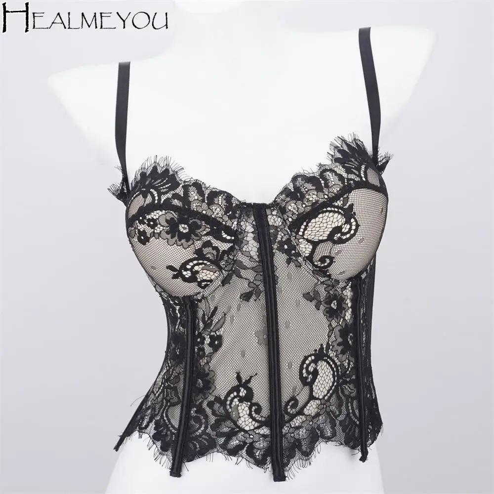 

Spicy Girl Style Hollow Lace Camisole Transparent Sleeveless Lace Corset Tanks Streetwear Crop Tops Ladies
