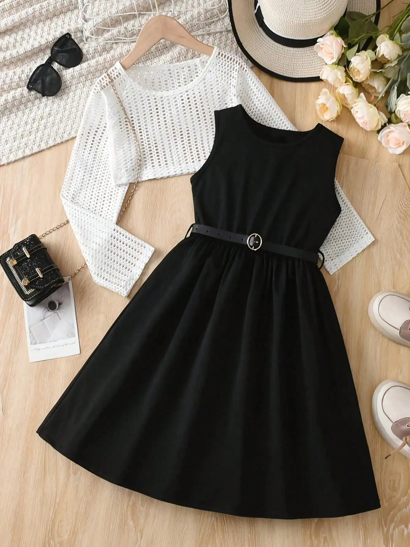 Children's Clothing Set with Hollowed Out Round Neck Long Sleeved Top + Round Neck Sleeveless Dress, Mid Length Skirt Set