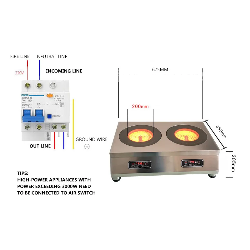 Двойная электрическая плита 220 В 2200 Вт Коммерческая излучающая плита Керамическая варочная панель Печь из нержавеющей стали