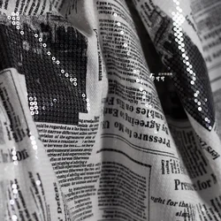 English Graffiti Newspaper Denim Sequin Fabric Information Log Black and White Gray Autumn/winter Coat Fashion Magazine Fabric