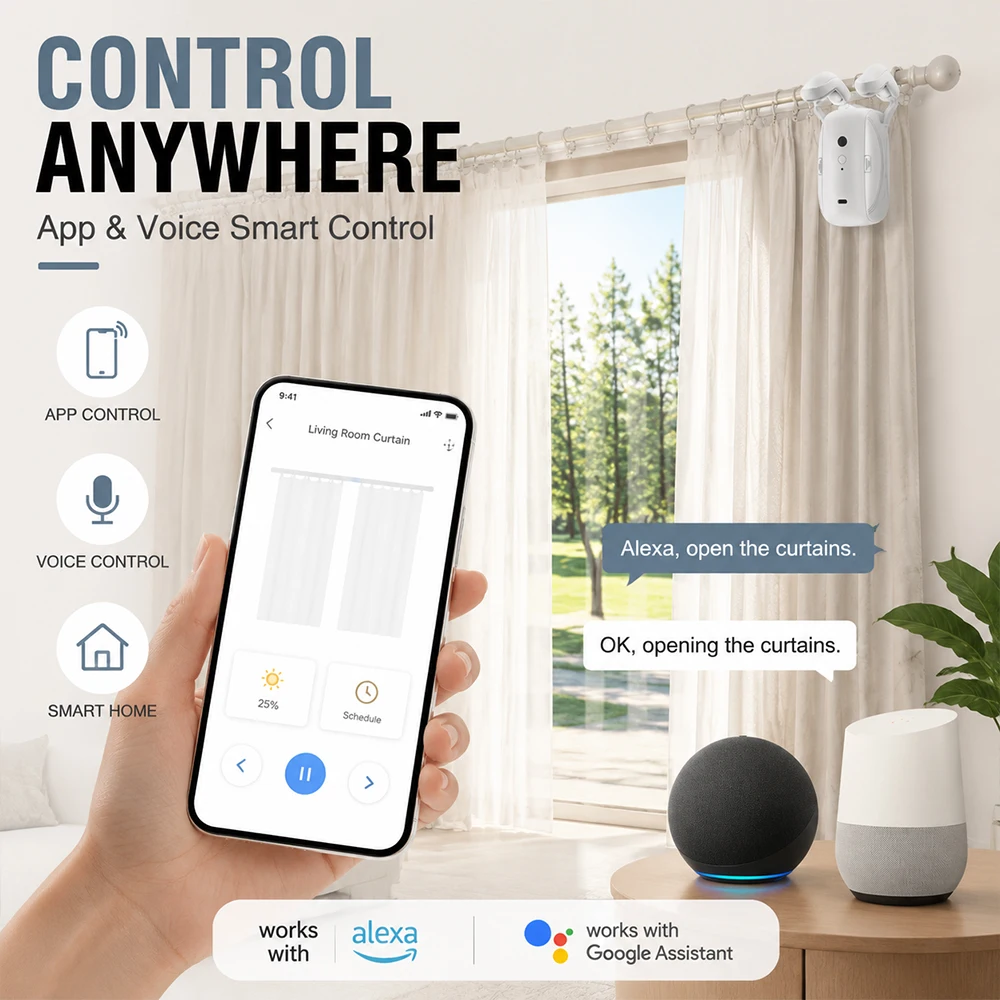 Smart Life Bluetooth Curtain Robot Compatible for Roman Pole Tracks Timer Function Manual Pull Trigger 8kg Max Load Capacity