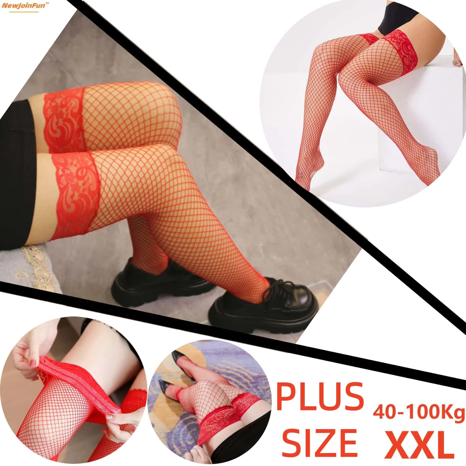

Fashion Plus Large Size Hollow Out Mesh Lace Fishnet Over Knee Long Socks Sexy Sheer Red Girls Stockings for Oversize Women XXL