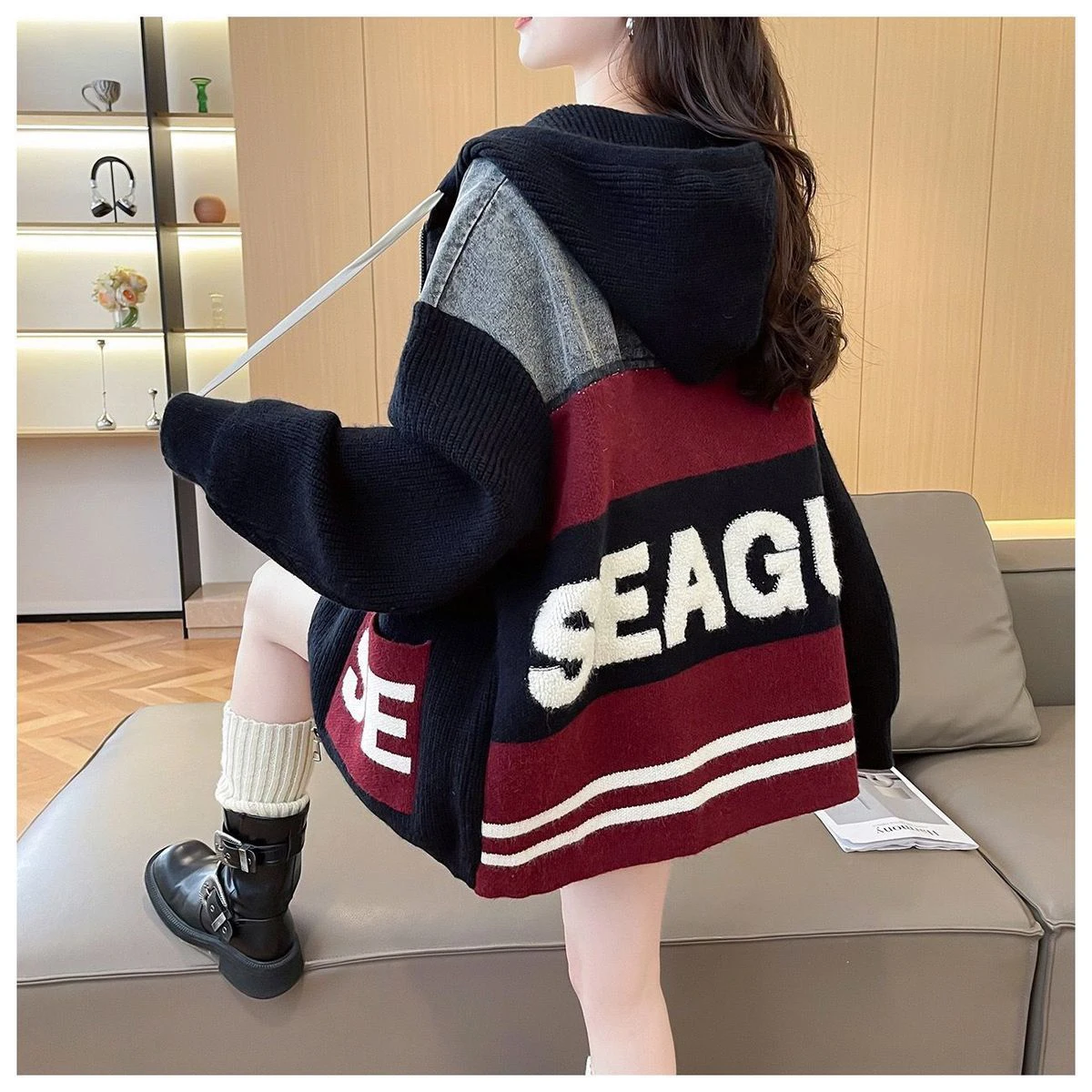 Women Denim‑Spliced Knit Hooded Cardigan Zip‑Up Letter Print  Loose Patch Pocket Casual Sweater Jacket Autumn Winter Outerwear