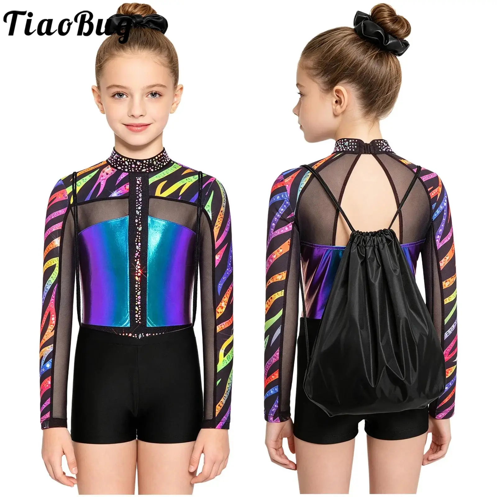 

Детский костюм для гимнастики, балета, фигурного катания и акробатики для девочек, блестящий леотард с длинными рукавами, стразами и принтом, с шортами