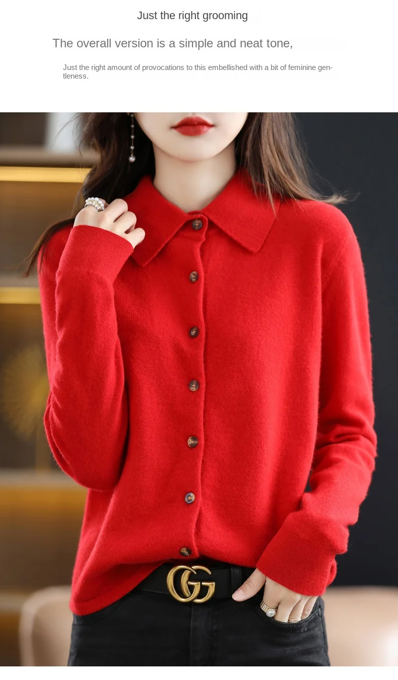 2024 Damen-Strickjacke mit POLO-Kragen, Basic, vielseitig, oben aus gesponnener Wolle, eleganter einreihiger Pullover DMR 430 – Detail 19