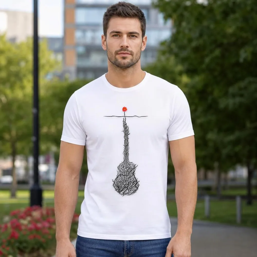 Men T Shirt Minimal Flower Roots Guitar Graphic Botanical Music Art Short Sleeve Soft Casual Vacation Top