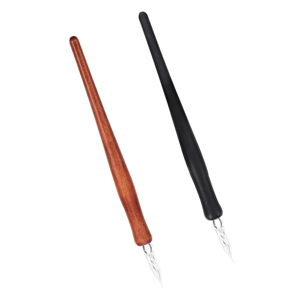 ปากกาจุ่มหมึกแก้ว 2 ชิ้น ด้ามไม้ ปากกาเขียนพู่กันแบบวินเทจ เขียนลื่น อุปกรณ์การเขียนที่มีสไตล์ สำหรับสำนักงานและโรงเรียน