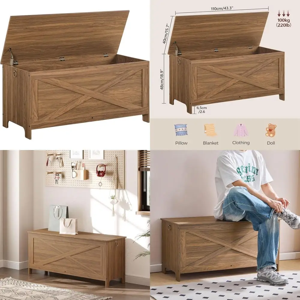 Durable Entryway Toy Chest, Honey Brown Wooden Accent Furniture, Safety Hinges, Ideal for Living Room & Bedroom Storage.