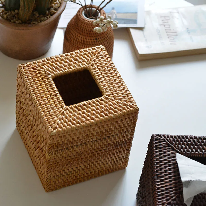 Handwoven Wicker Wooden Scandinavian Retro Paper Towel Holder, Modern Home Decor Living Room Dining Table Friendly Storage Box