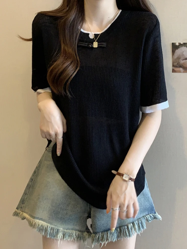 Ice Silk Short Sleeve T-Shirt Women's Thin Summer Large Size Half Sleeve Base Shirt plus Size Slimming New Chinese Style Butt...