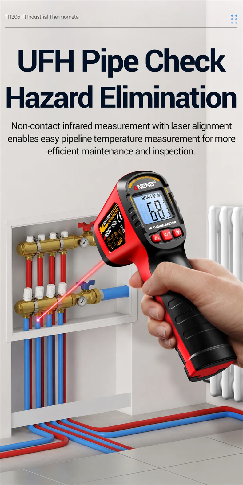 ANENG TH206 Infrarot-Thermometer ‑50 ℃ ‑400 ℃ 12:1 D:S-Verhältnis Laser-Zielung ℃ / ℉ Berührungsloser Temperaturmesser mit Datenhaltefunktion und Hintergrundbeleuchtung – Detail 3