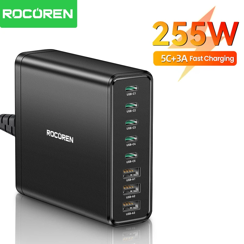 Rocoren 255W 8 in 1  USB Type C Charger Multi Ports Desktop Charger PD Fast Charge Power Station For iPhone16 15 Pro Max Xiaomi