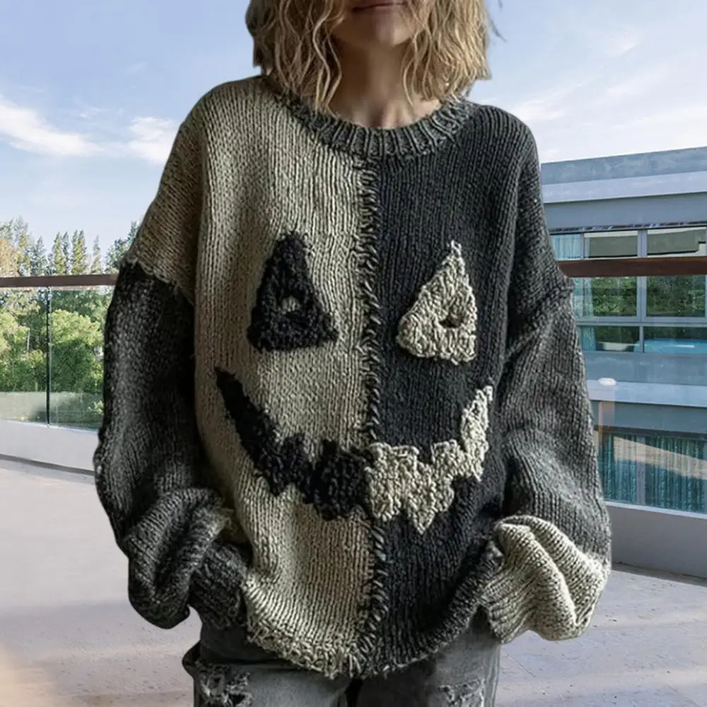 Women Polyester Sweater Comfortable Women Hoodie Spooky Face Halloween Sweaters for Women Patchwork Print Knit Top Crewneck