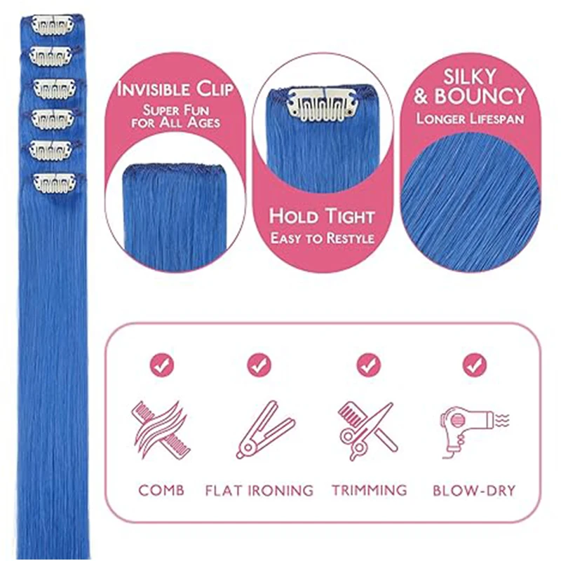 カラフルなヘアエクステンション人毛16インチブルークリップインヘアエクステンション女性子供用レインボーハイライトヘアピース1/6/12ピース
