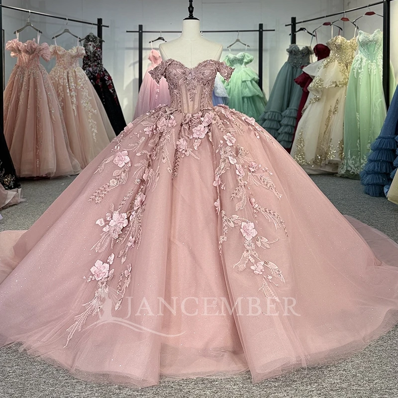 

Розовое блестящее бальное платье Quinceanera, платья с открытыми плечами, аппликация, цветок, бисер, тюль, вечерние, день рождения, сладкое платье 16, Vestidos 15