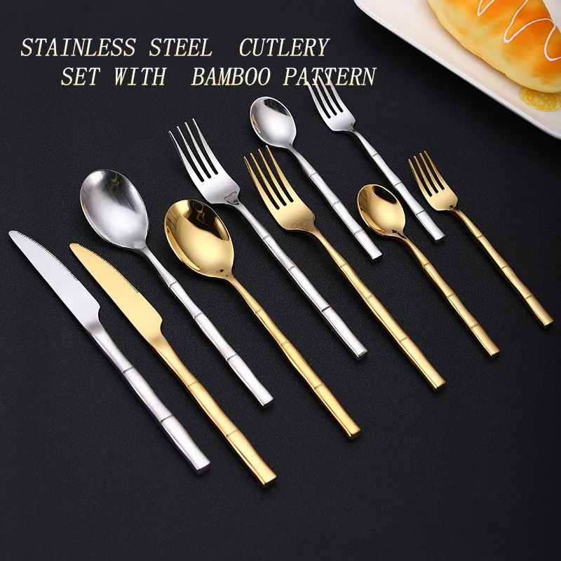 Stainless Steel Tableware Set Bamboo Festival Design Cutlery Knife Fork Spoon Flatware Set High Quality Golden Dinnerware Set