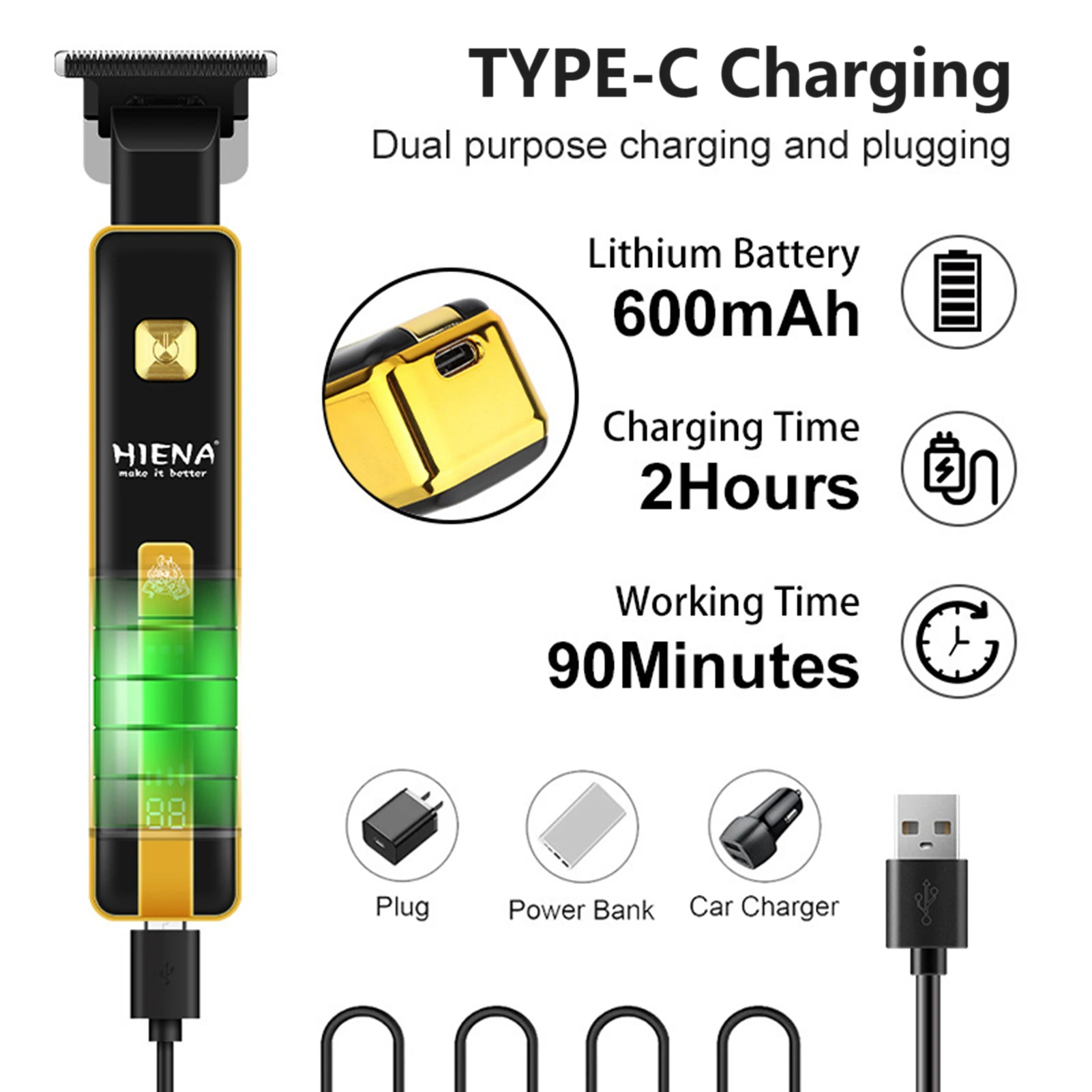 HIENA Беспроводной триммер для волос, электрический светодиодный дисплей, машинка для стрижки волос, зарядка через USB, профессиональный парикмахерский салон, набор триммеров для парикмахерских