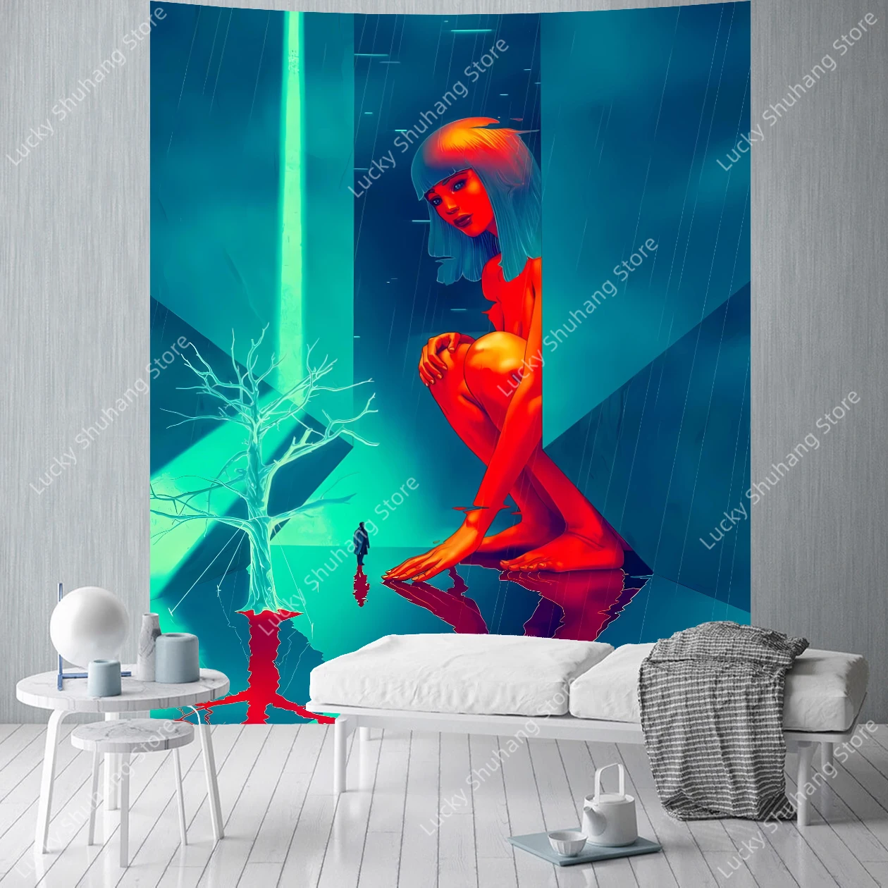 

Solitary Figure Tapestry Red Haired Woman in Rainy Blue Green Space Wall Hanging Art for Deep Thinking Room Decor Aesthetic