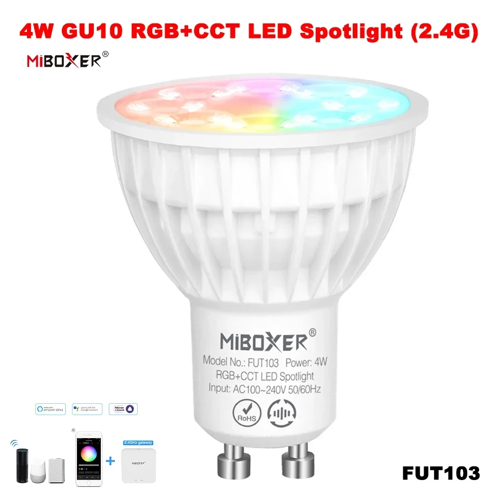 

Miboxer FUT103 AC100-240V GU10 Smart 2,4G TUYA 4 Вт RGBCCT Цветовая температура/яркость Регулируемое приложение Прожектор с голосовым управлением