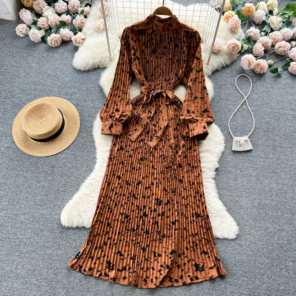 

Retro Print Pleated Elegant Lace Up Chiffon Dress A-line Long Sleeve Casual High Waist Dress Women Summer