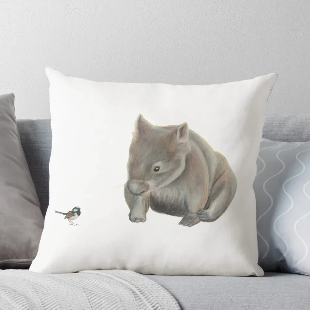 

Wombat and Blue Wren. Lovely superb blue fairy wren with the fun little wombat. Throw Pillow Cushion Cover