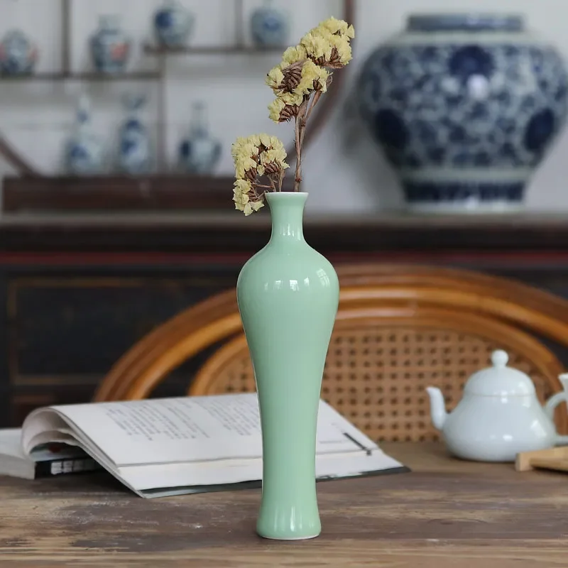 for Jingdezhen Ceramic Small Vase Wholesale Home Decoration Chinese Zen Ornaments Creative Simple Flower Plum Green