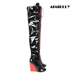 Fashion Winter Women's Over the knee boots Round Toe Wedge Shoes Ladies Thigh Heigh Boots  Full Zipper Lace Up  Black Customized