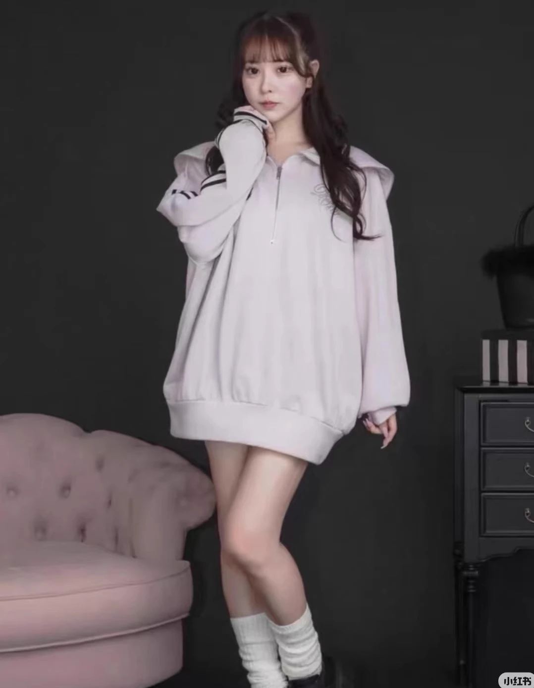 Commuter-sudaderas negras de manga larga con cuello azul marino para mujer, chaqueta de invierno con cremallera holgada y lazo a rayas, abrigos con capucha