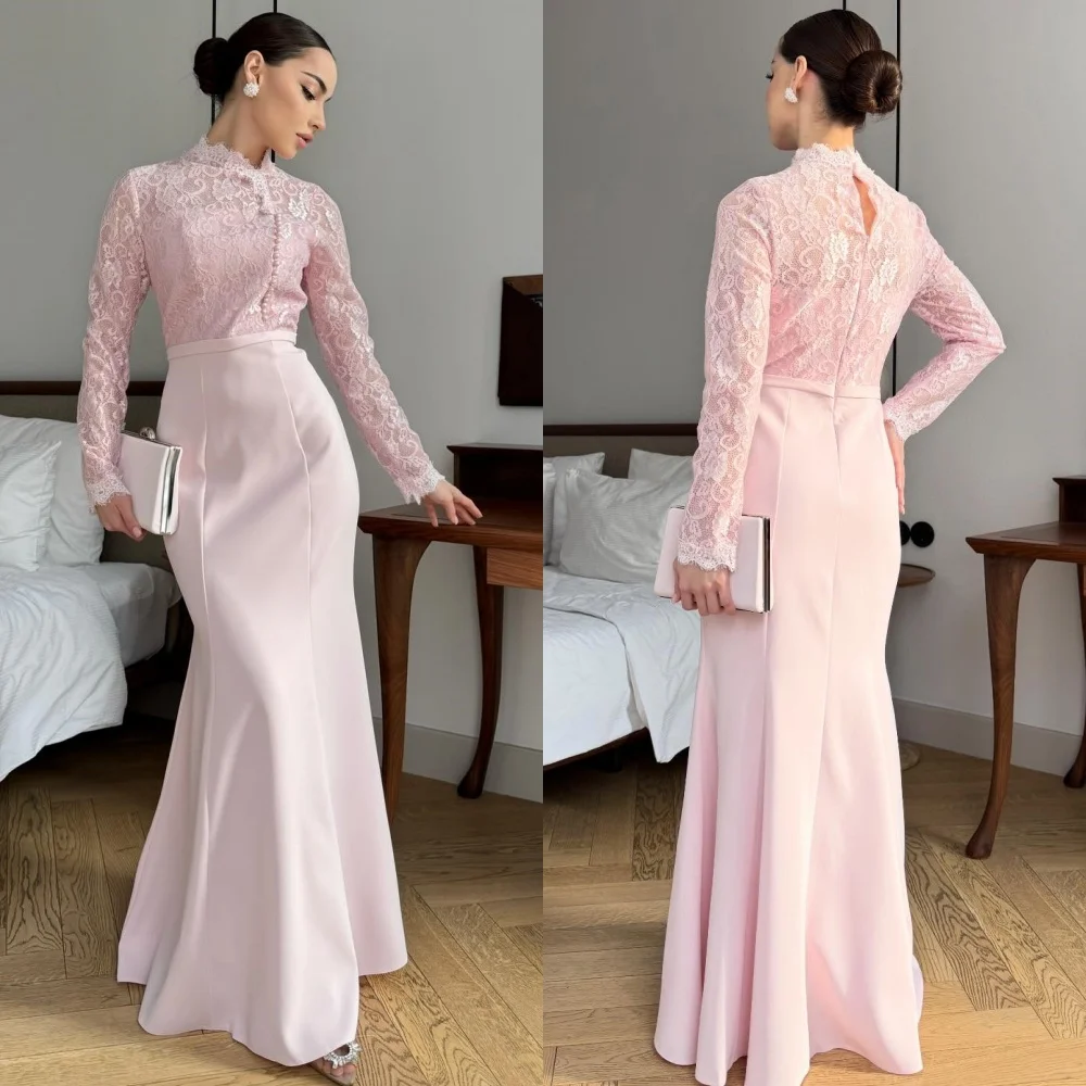 

Customized Elegant Classic Jersey Lace Ruched Pearl Mermaid High Collar Long Dresses Evening Dresses Sizes Available Matching