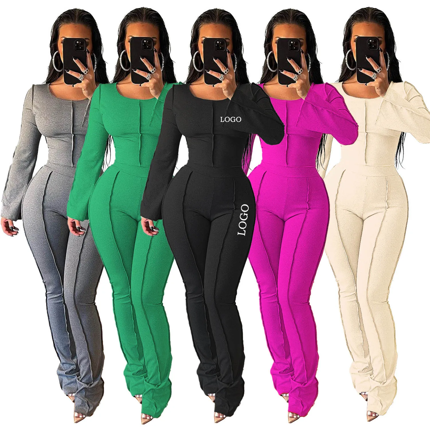 

Customized LOGO womens threaded flared trousers long-sleeved top three-dimensional anti-car fashion and leisure suit