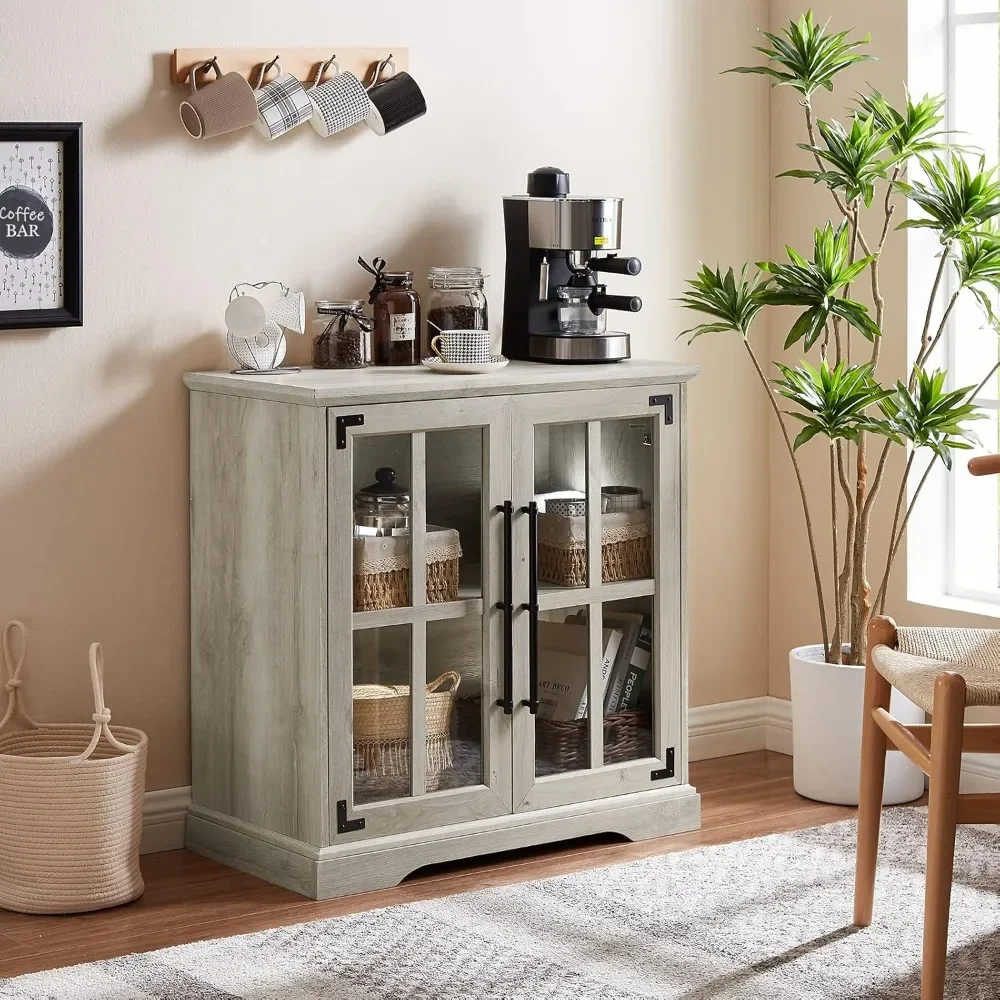 Coffee Bar Storage Cabinet with Doors and Shelves, Small Farmhouse Buffet Cabinet for Kitchen