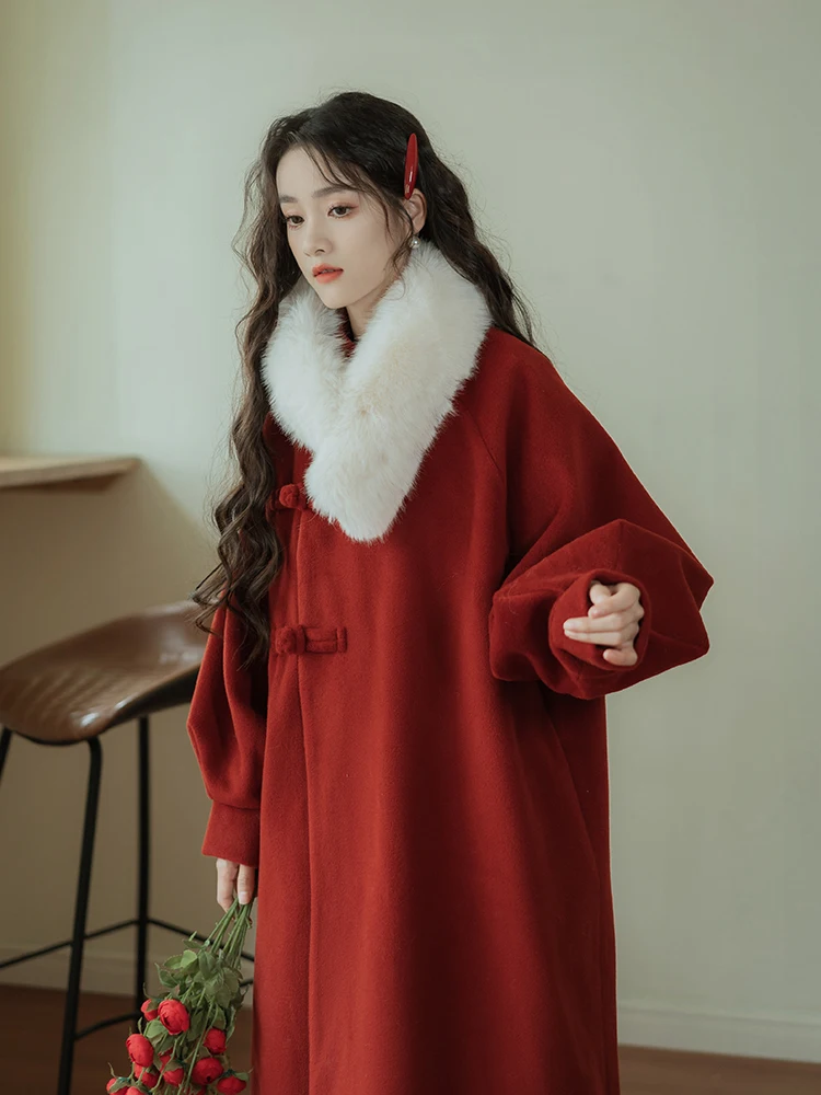 

Red Woolen Coat Women's Sli Retro Chinese National Sle Overcoat Lengthened Version for Autumn And Winter White Enhancing