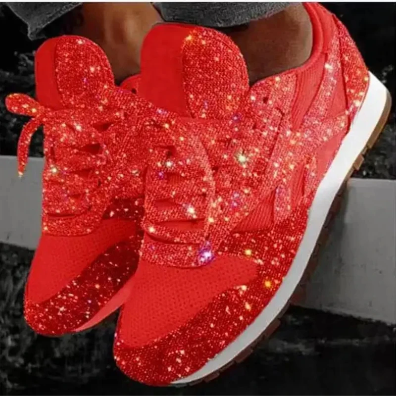 2024 Nowe damskie płaskie trampki Casual Bling Vulcanized Shoes Women Mesh Lace Up Platform Plus Size Fashion Outdoor Woman Shoes