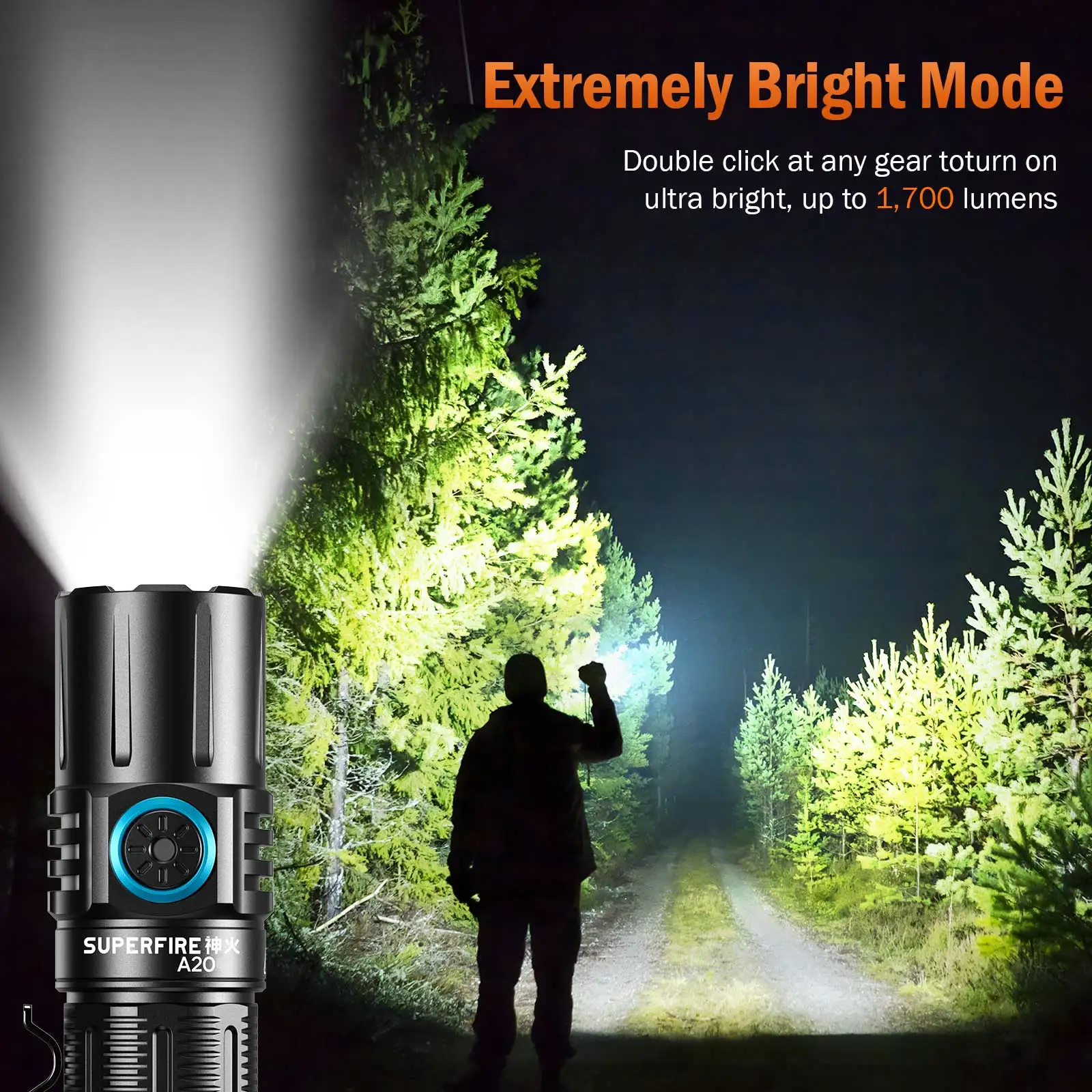 Latest SUPERFIRE A20 Powerful EDC Flashlight Waterproof  Torch 1700m Spotlight USB Rechargeable 5 Modes Outdoor Lantern