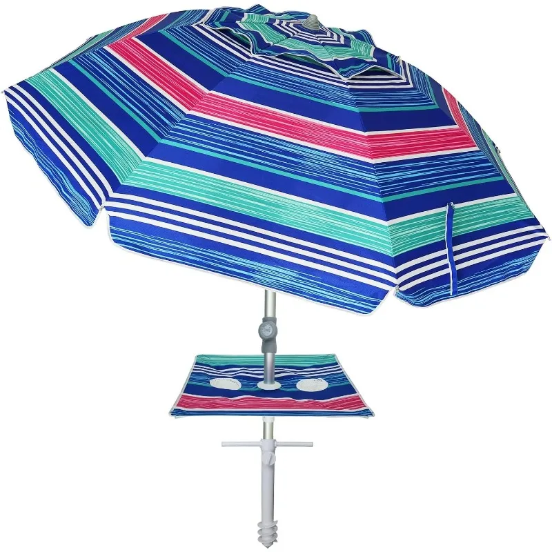 

7ft Heavy Duty High Wind Beach Umbrella with sand anchor, Built-in Table & Tilt Pole, UPF 50+ Windproof Portable