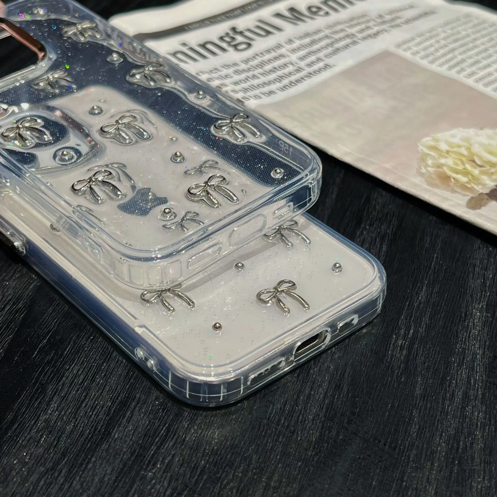 Luxuriöse klare Bling-Glitzer-Schleifen-Handyhülle für iPhone 16, 15, 14, 13, 12, 11, Pro Max Plus, transparente, stoßfeste Silikon-Stoßstangenabdeckung