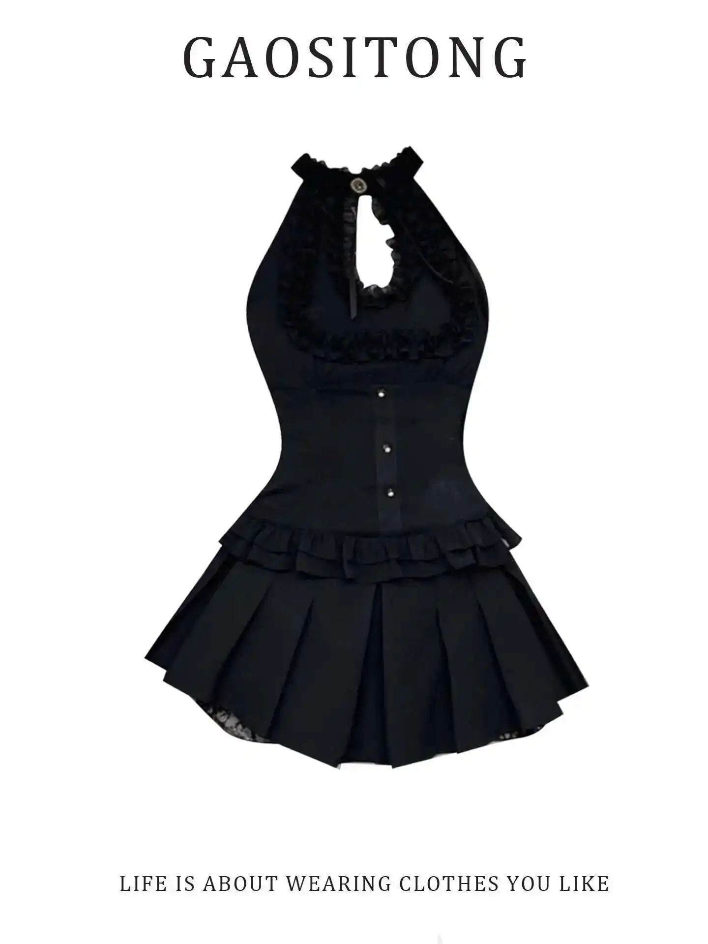 

GAOSITONG Pure Desire Style Ruffled Sleeveless Hollow Out Top Women Summer 2025 Hot Girl Pleated Skirt Set