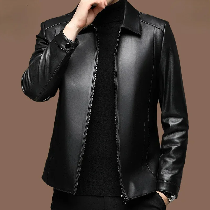 2025 Genuine Leather Jacket for Men Real Sheepskin s Men's Business Casual Lapel Zippered Veste Cuir Homme