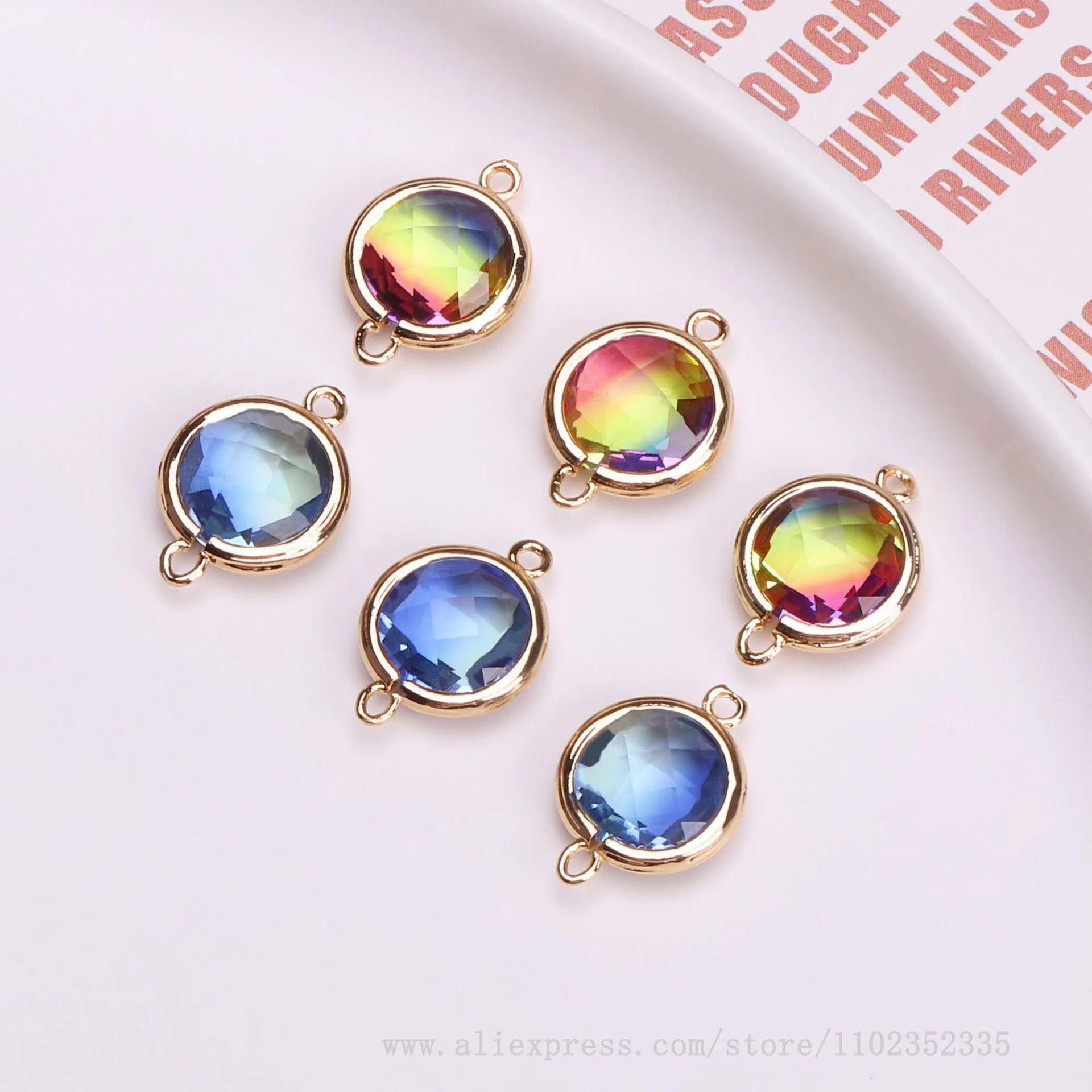 10pcs/ Bag   Colorful tourmaline copper edged circular gemstone pendant DIY double hole accessory