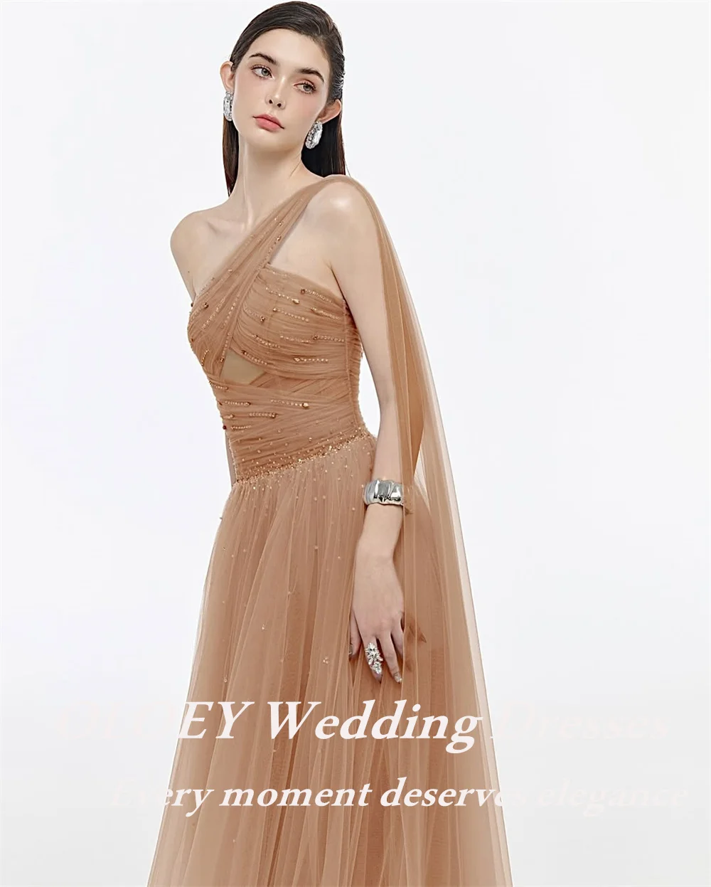 

OLOEY Elegant A-Line Tulle Prom Dresses One Shoulder Sleeveless Draped Wedding Party Gowns Floor-Length Evening Dress Customized