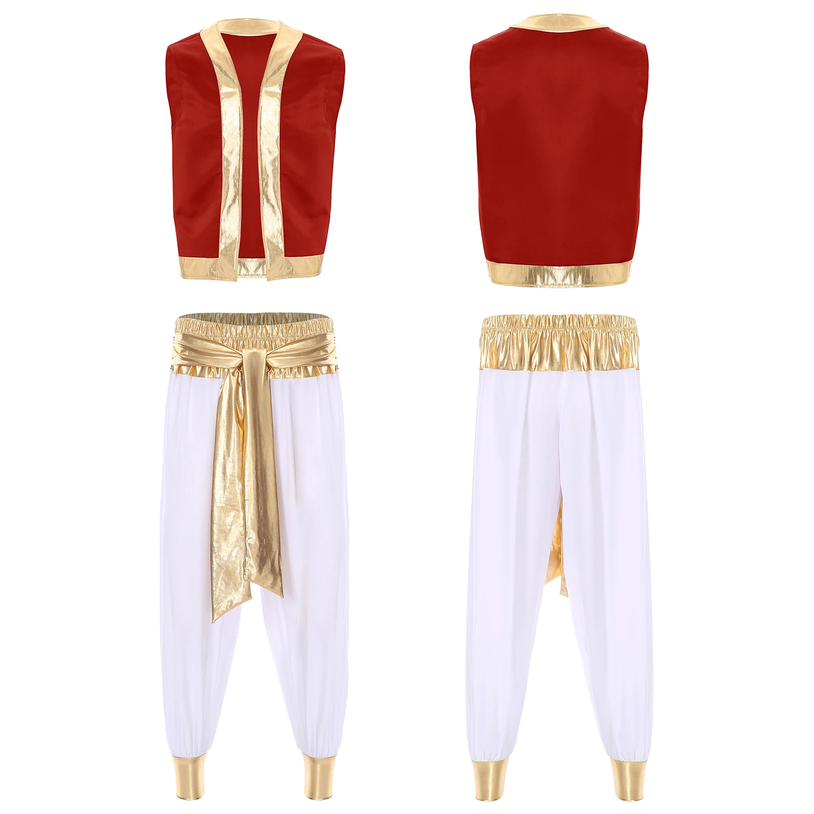 Heren Arabische Prins Aladin Kapitein Cosplay Kostuum Halloween Outfits Metallic Glanzende Trim Open Voorzijde Vest met Lange Broek Met Gordel