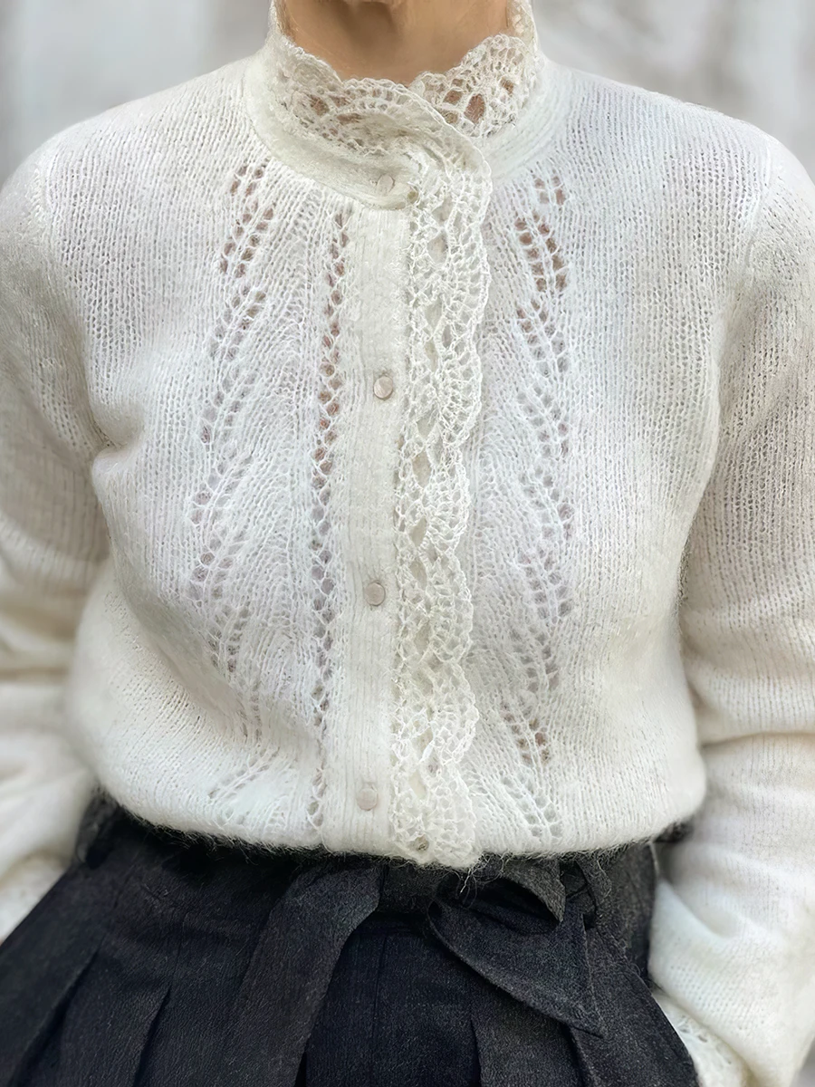 Tricotage ajouré sur le devant Cardigan Winter Long Sleeve Round Neck Wool Kid Mohair Sweater Eleagnt Vintage Sweaters Gilet