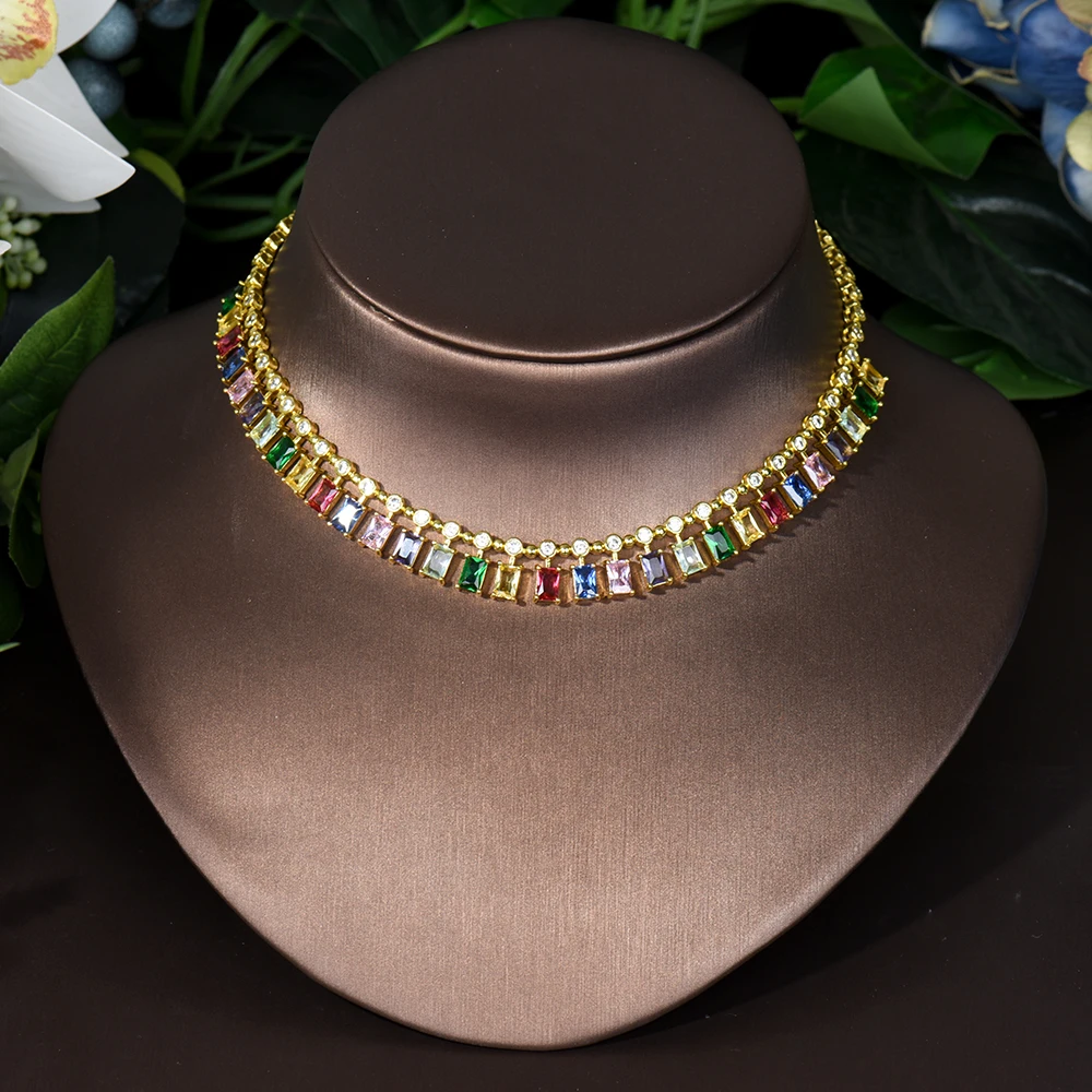 

HIBRIDE Fashion Bagutte Cut Necklace For Women Wedding Cubic Zircon Multicolor Trendy Geometric Dubai Pendant Necklace P95
