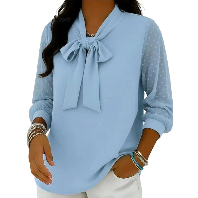 

CYL-Women's Tie Neck Long Sleeve Buttton Cuff Chiffon Elegant Blouse