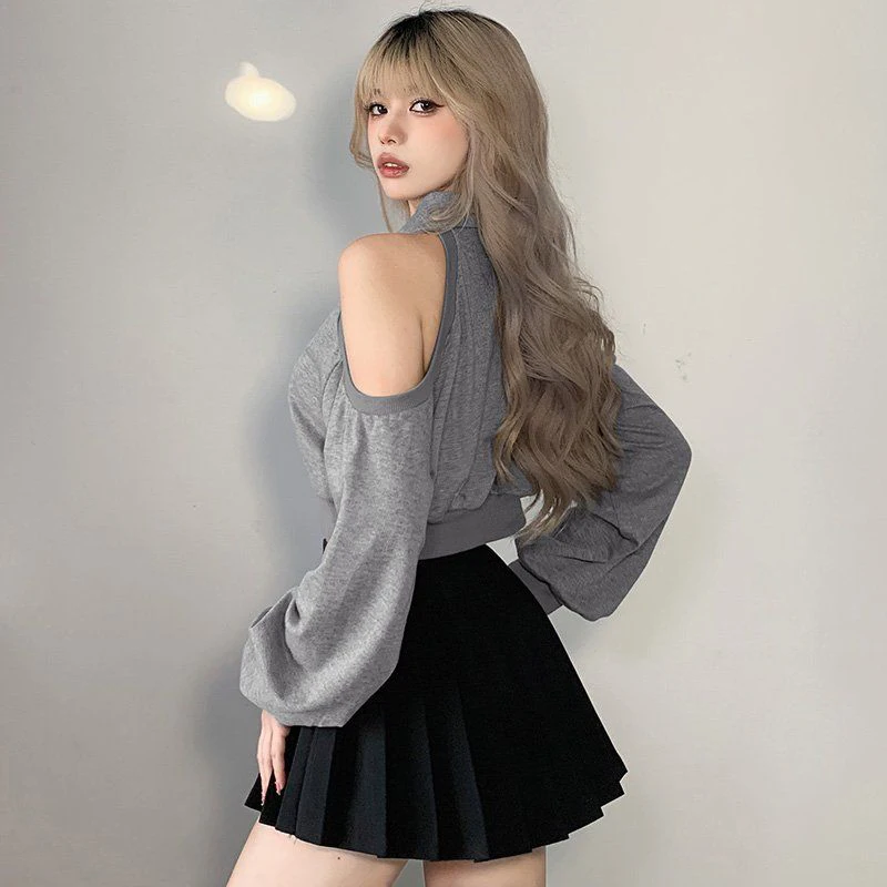 Sexy Cropped Sweatshirt Women Y2k Off Shoulder Slim Fit Short Tops Spring Summer Korean Long Sleeve Harajuku Grey Pullovers New