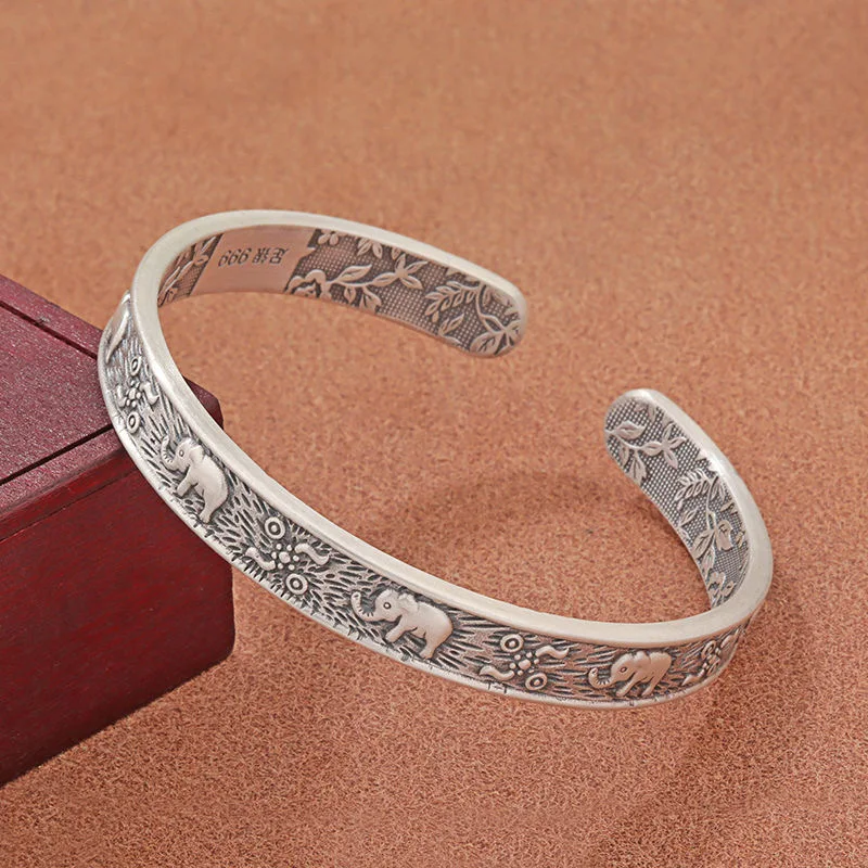 Exquisite Open-End Silver Bracelet Jewelry Auspicious Elephant Picture Men Women Lovers Twist Armband Cuff Trend Retro Gift