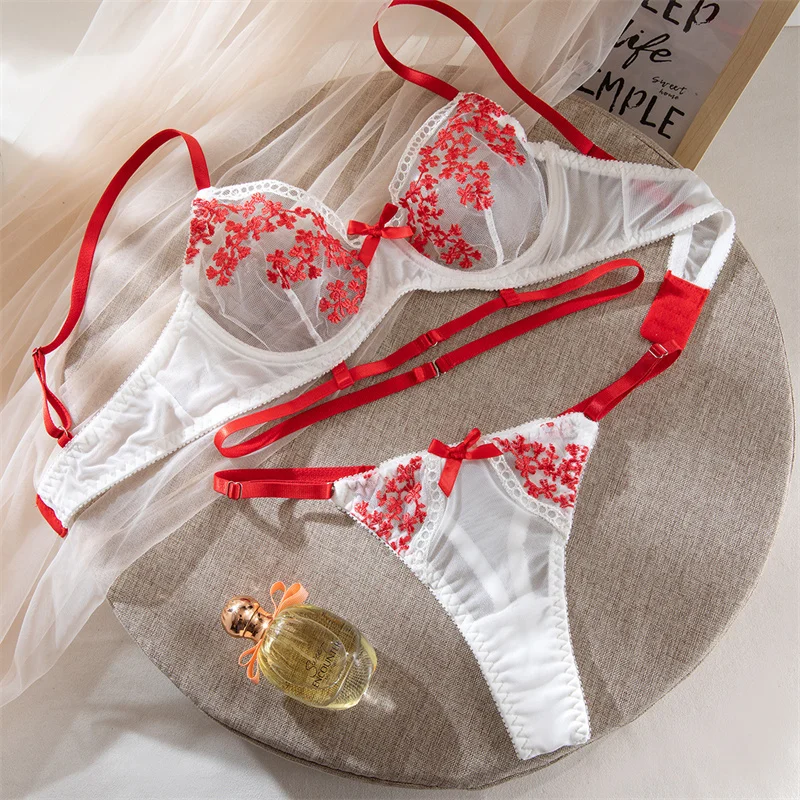 Sexy Lingerie Floral Women Underwear See Through Romantic Lingerie Woman Exotic Costumes Mesh Underwear 2 Pieces Push Up Bra Set