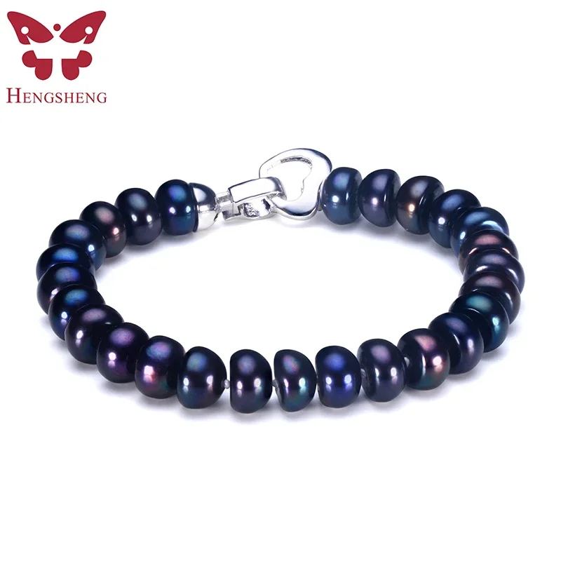 HENGSHENG 2025 Nowa czarna naturalna perła 18 cm Bransoletka dla kobiet 9-9,5 mm Chleb Okrągła perła słodkowodna z uroczą klamrą w kształcie miłości