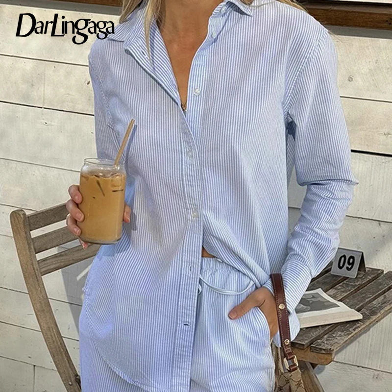 Darlingaga Streetwear Loose Stripe Women Blouse Top Long Sleeve Fashion Buttons-Up Spring Autumn Shirt Female Casual Cardigans