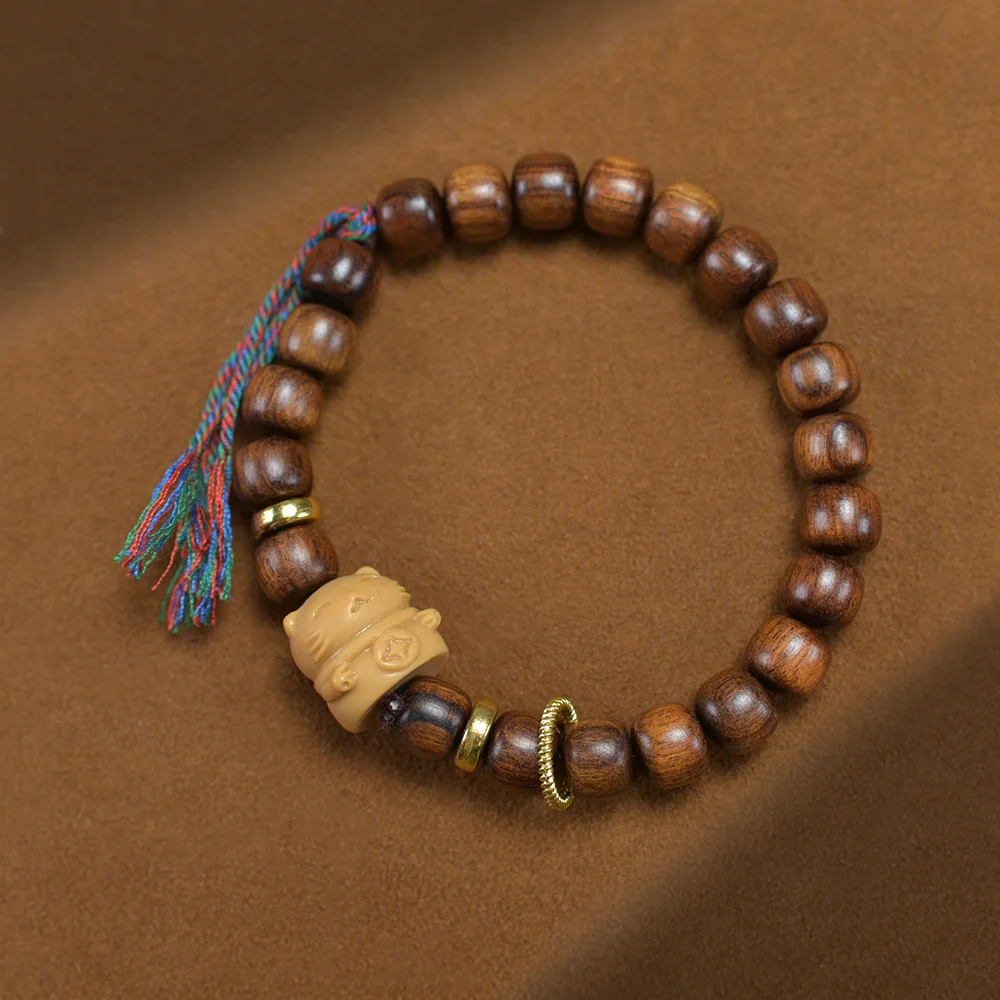 الطبيعية الأسود الكمثرى برميل DIY نحت القط خشب الصندل الرجال والنساء لطيف نمط بسيط البوذية حبة سوار فني مجوهرات خشبية #6